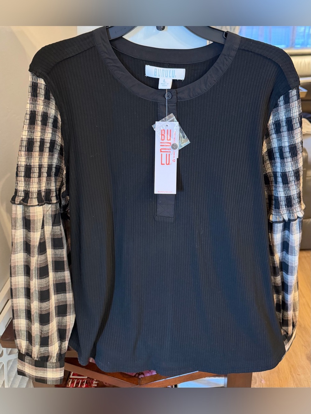 BiuLu Black Ribbed Top with Plaid Balloon Sleeves